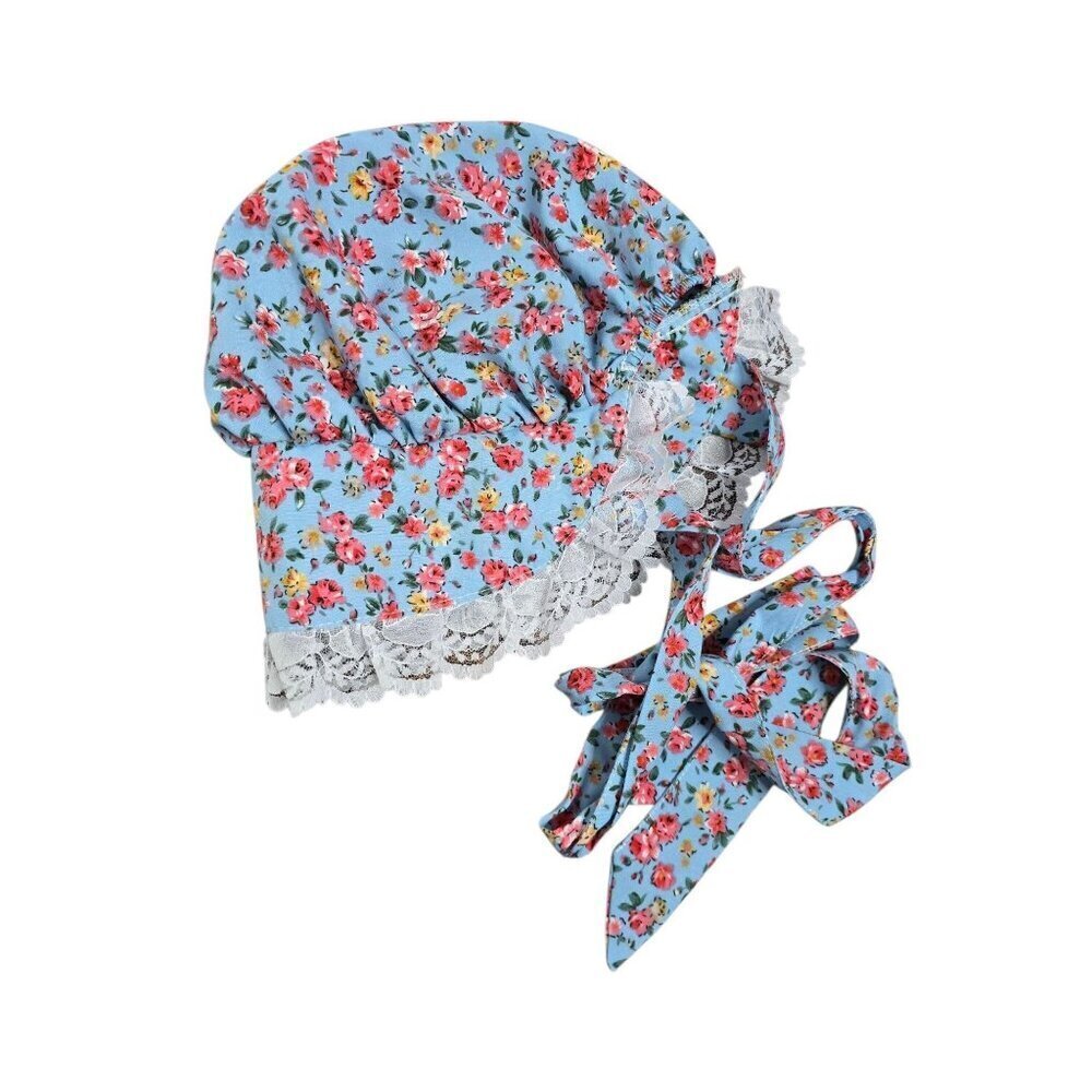 Vintage Blue Floral Lace Trim Baby Bonnet Heirloom Spring